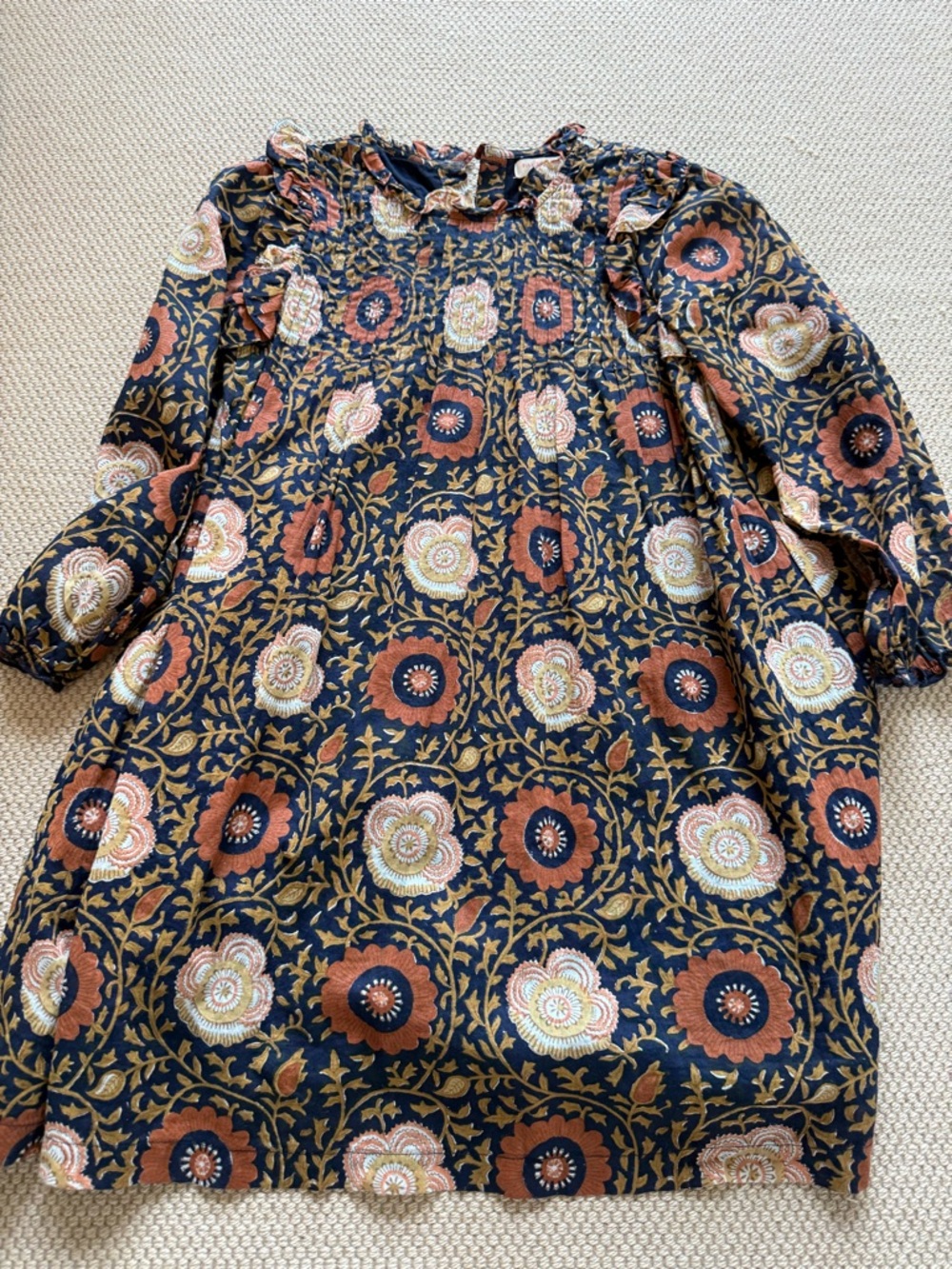 Pink Chicken Floral Smocked Shift Dress in Navy, Rust & Cream - 10Y